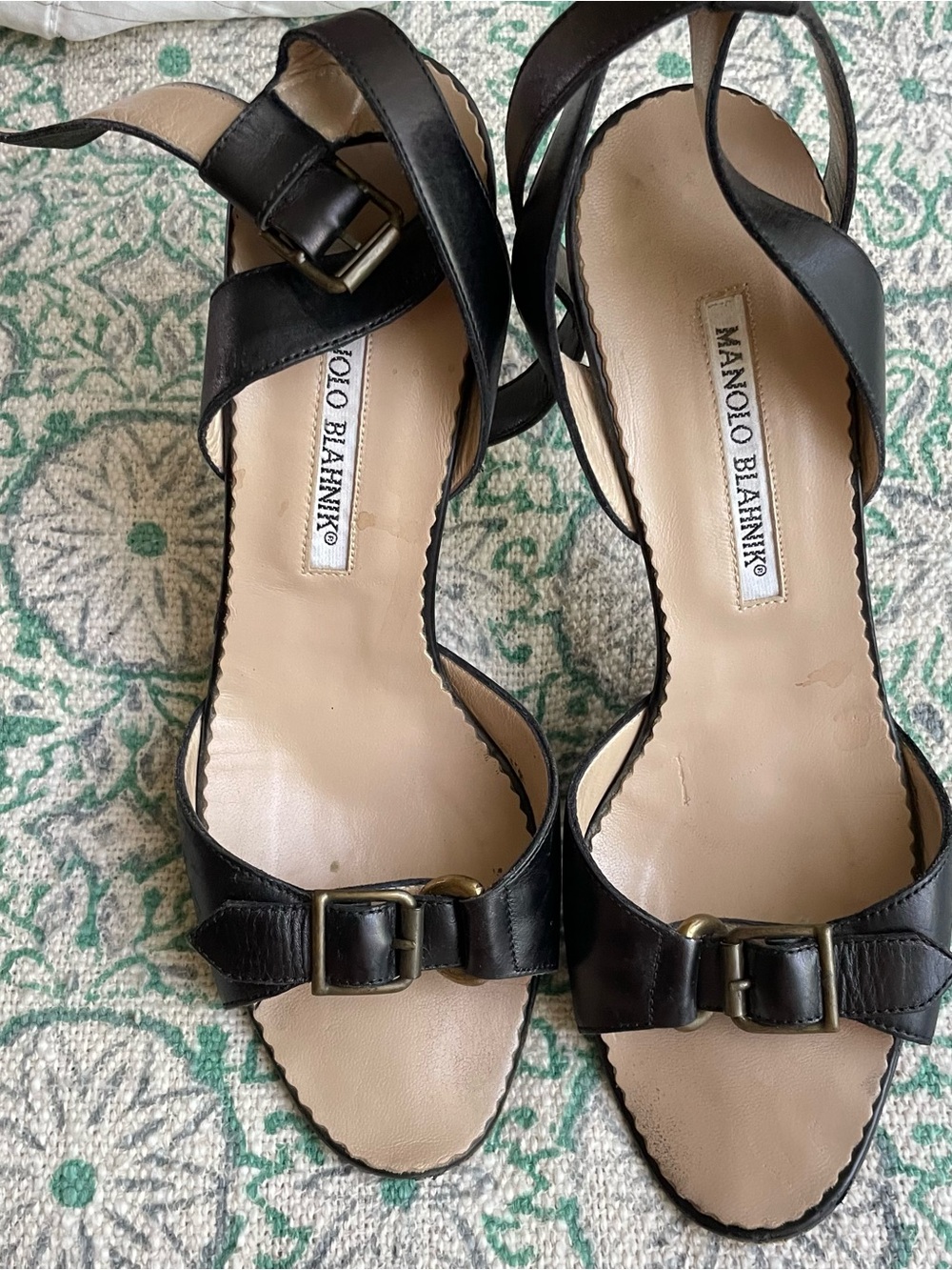 Manolo Blahnik Black Leather Buckle Heeled Sandals